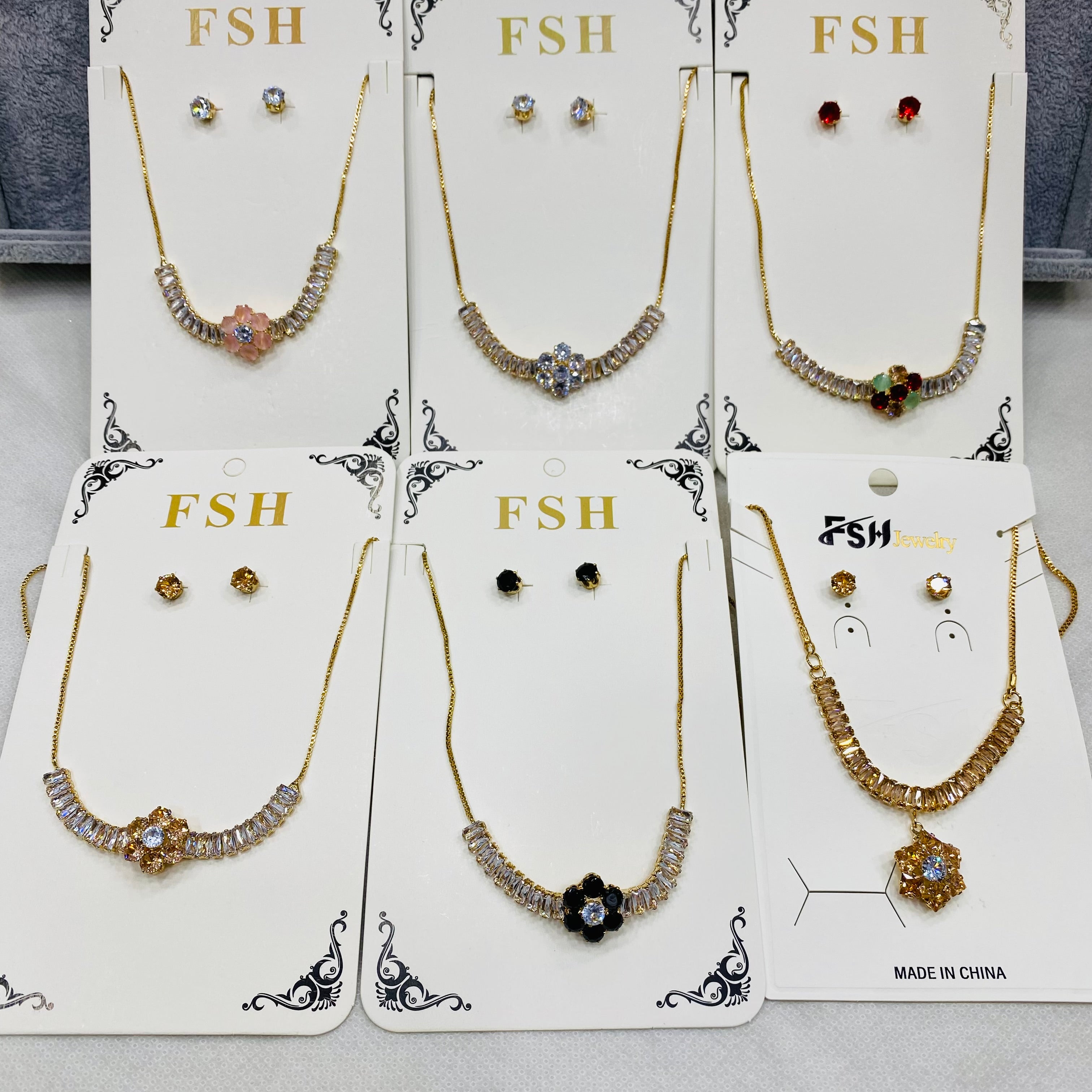 ✨ Zircon Necklace Set with Tops – Pack of 12 | Mix Designs ✨