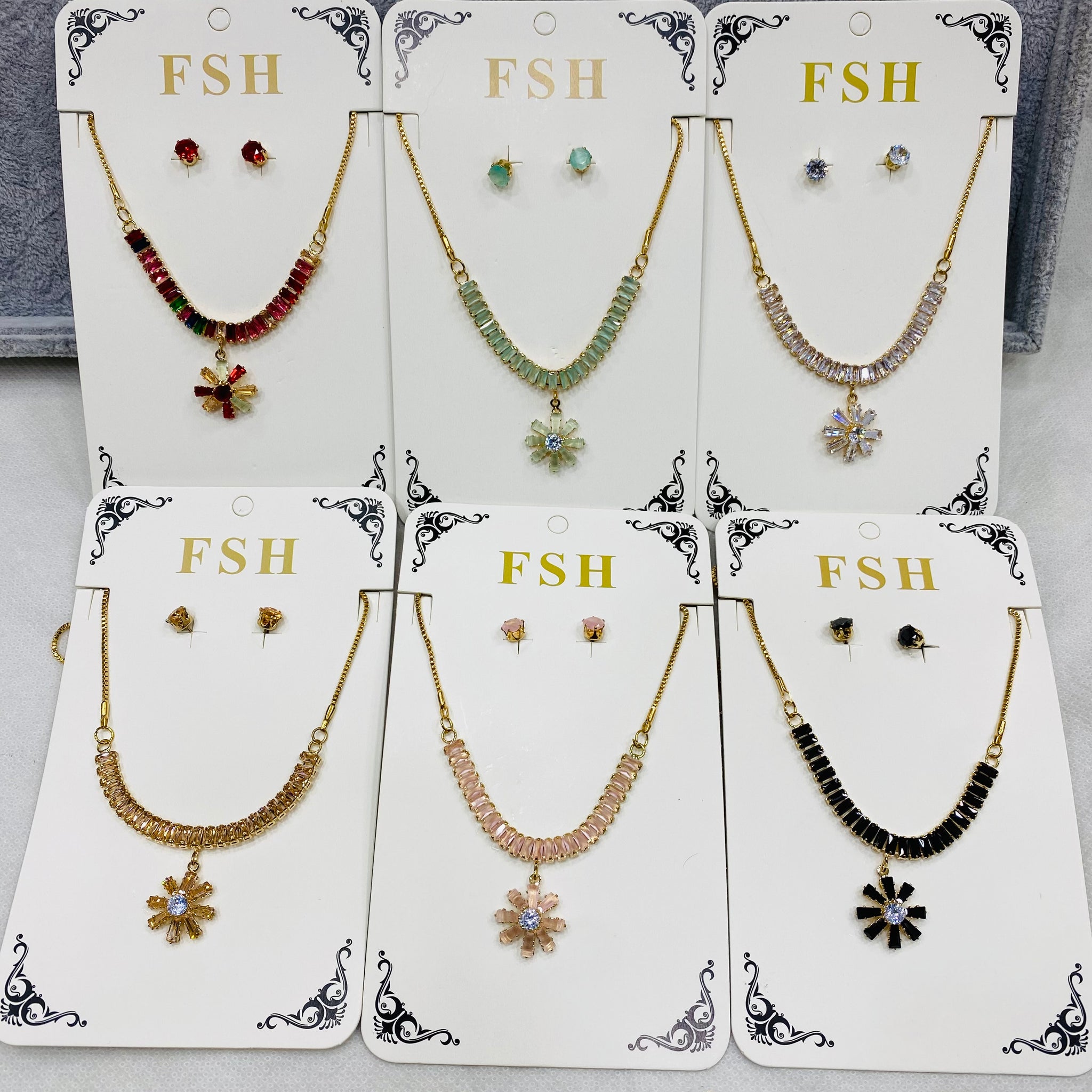 ✨ Zircon Necklace Set with Tops – Pack of 12 | Mix Designs ✨
