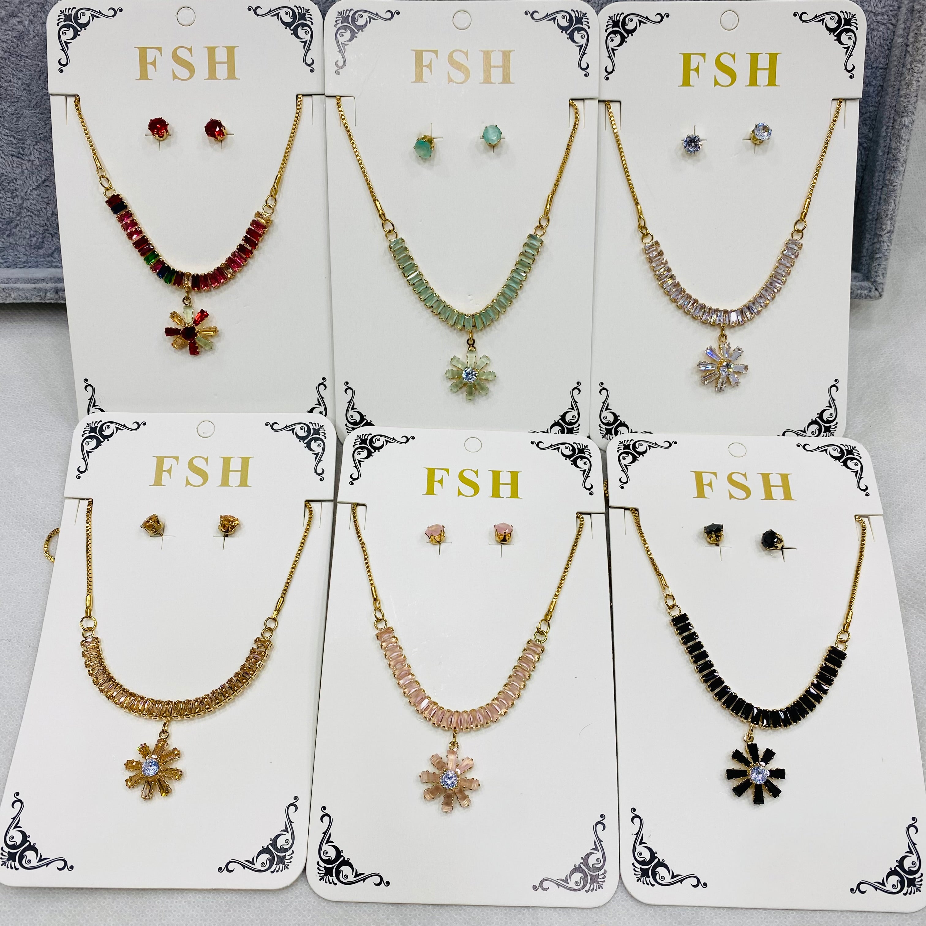 ✨ Zircon Necklace Set with Tops – Pack of 12 | Mix Designs ✨