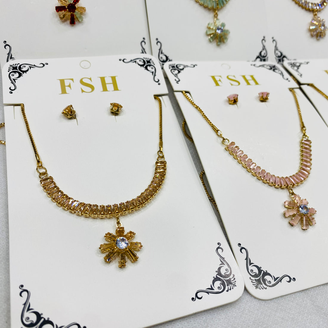 ✨ Zircon Necklace Set with Tops – Pack of 12 | Mix Designs ✨