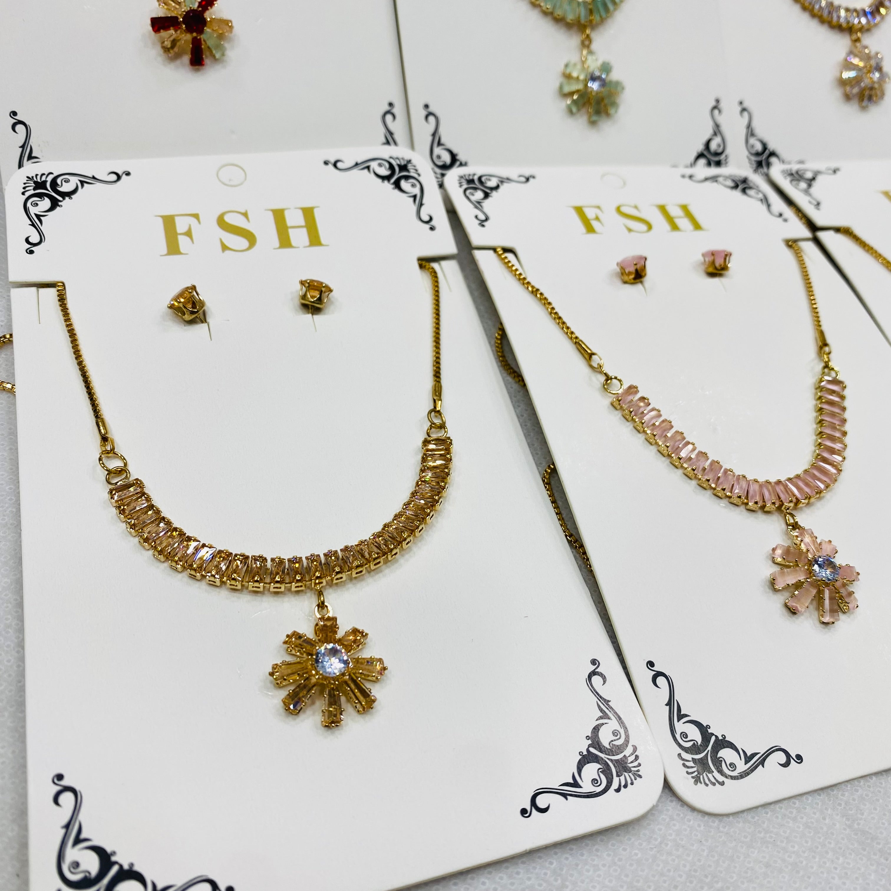 ✨ Zircon Necklace Set with Tops – Pack of 12 | Mix Designs ✨