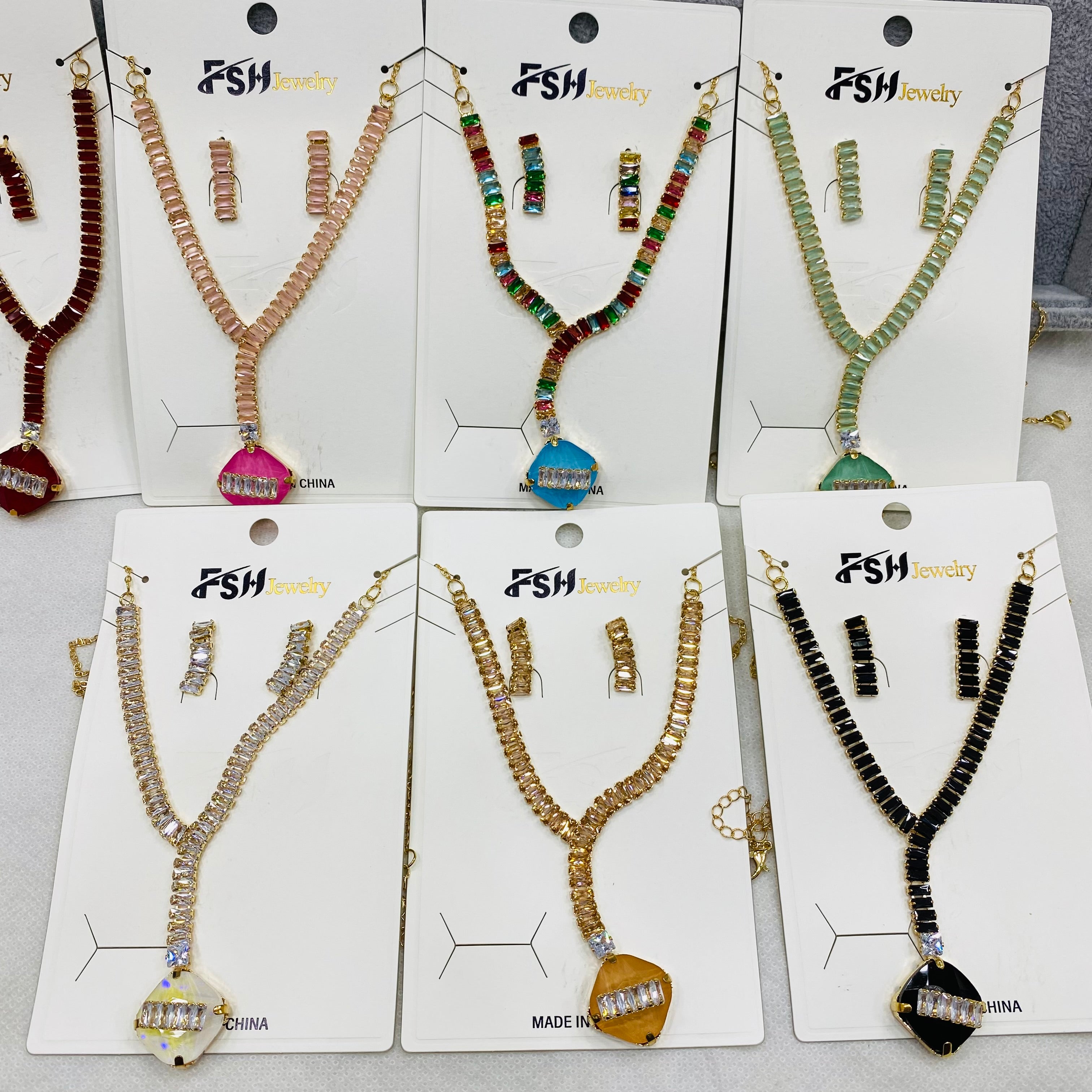 ✨ Zircon Necklace Set with Tops – Pack of 12 | Mix Designs ✨