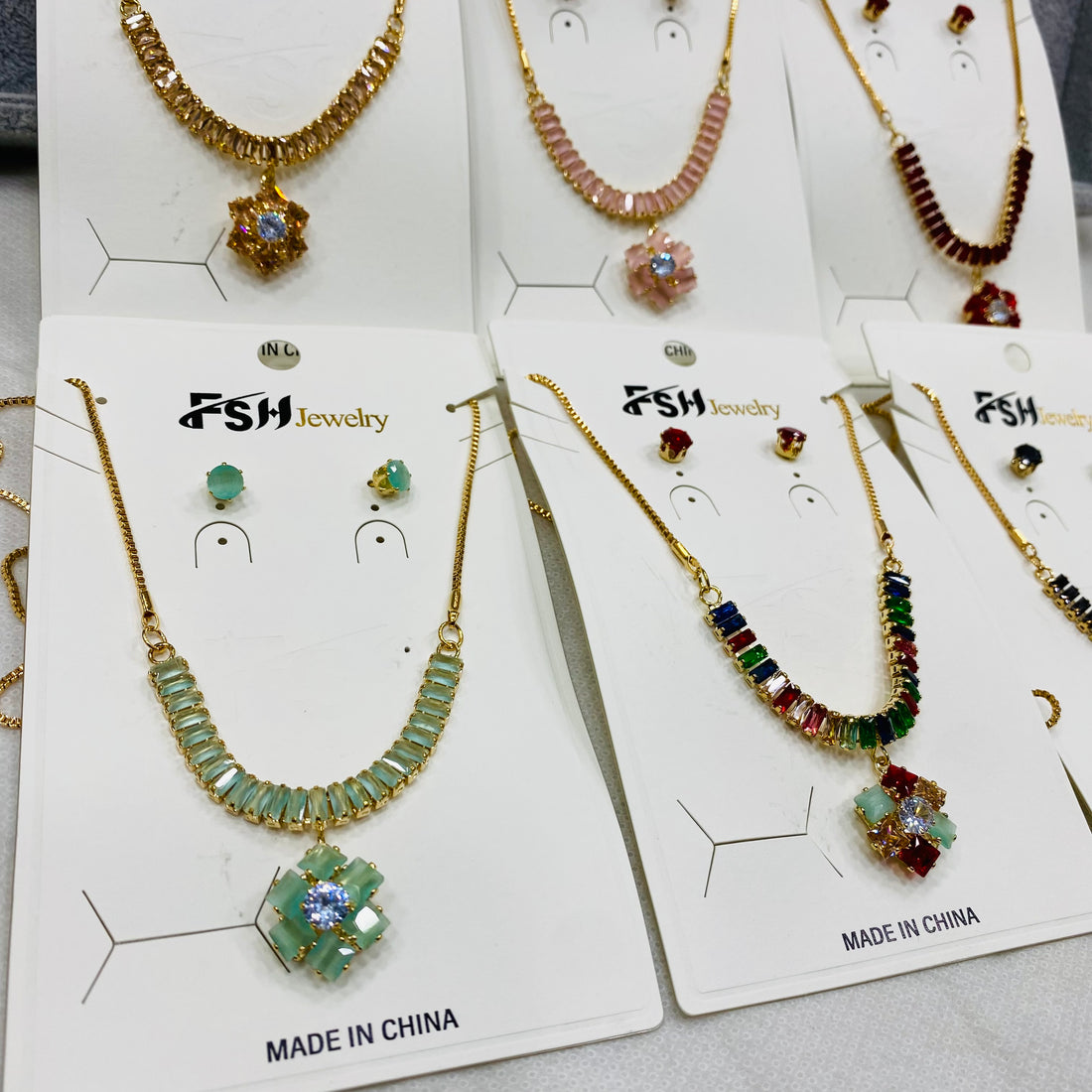 ✨ Zircon Necklace Set with Tops – Pack of 12 | Mix Designs ✨