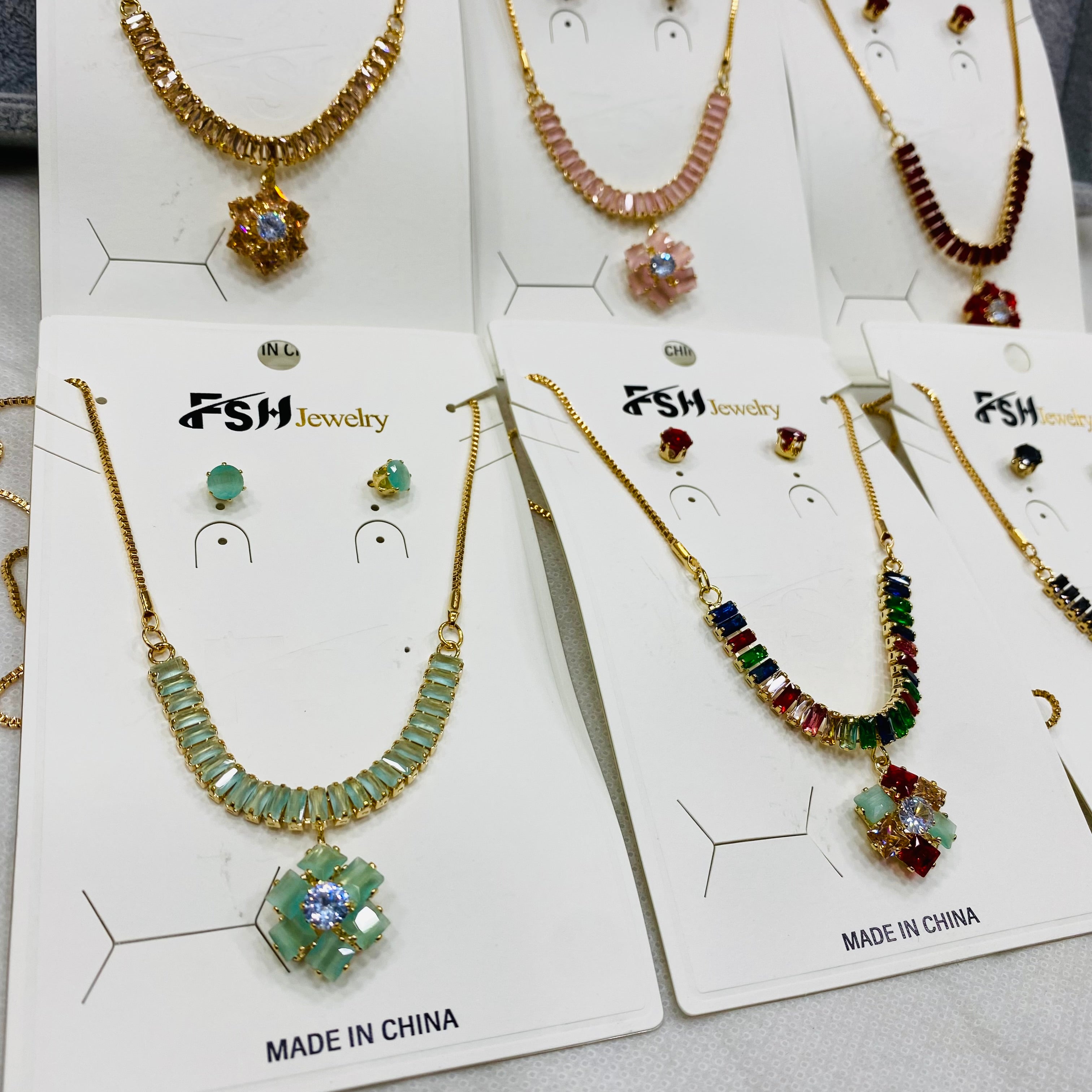 ✨ Zircon Necklace Set with Tops – Pack of 12 | Mix Designs ✨