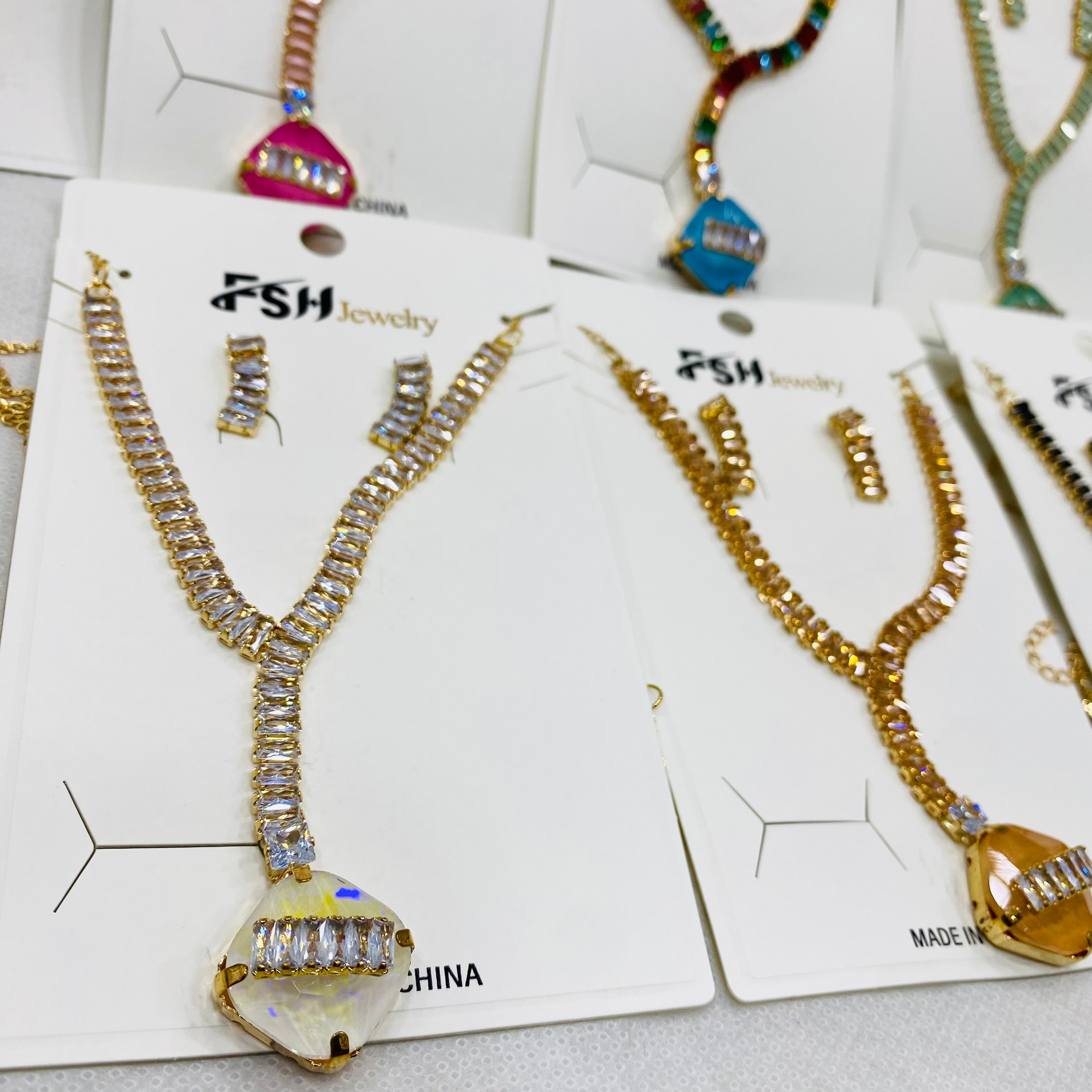 ✨ Zircon Necklace Set with Tops – Pack of 12 | Mix Designs ✨
