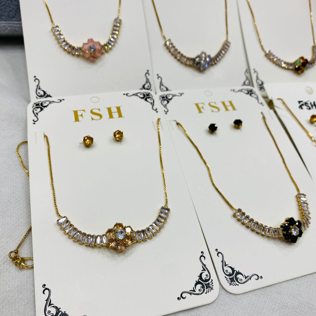 ✨ Zircon Necklace Set with Tops – Pack of 12 | Mix Designs ✨