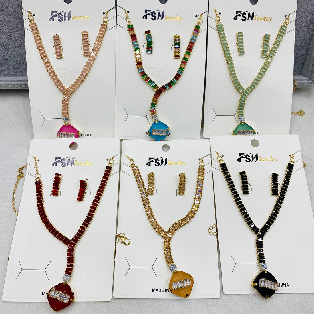 ✨ Zircon Necklace Set with Tops – Pack of 12 | Mix Designs ✨