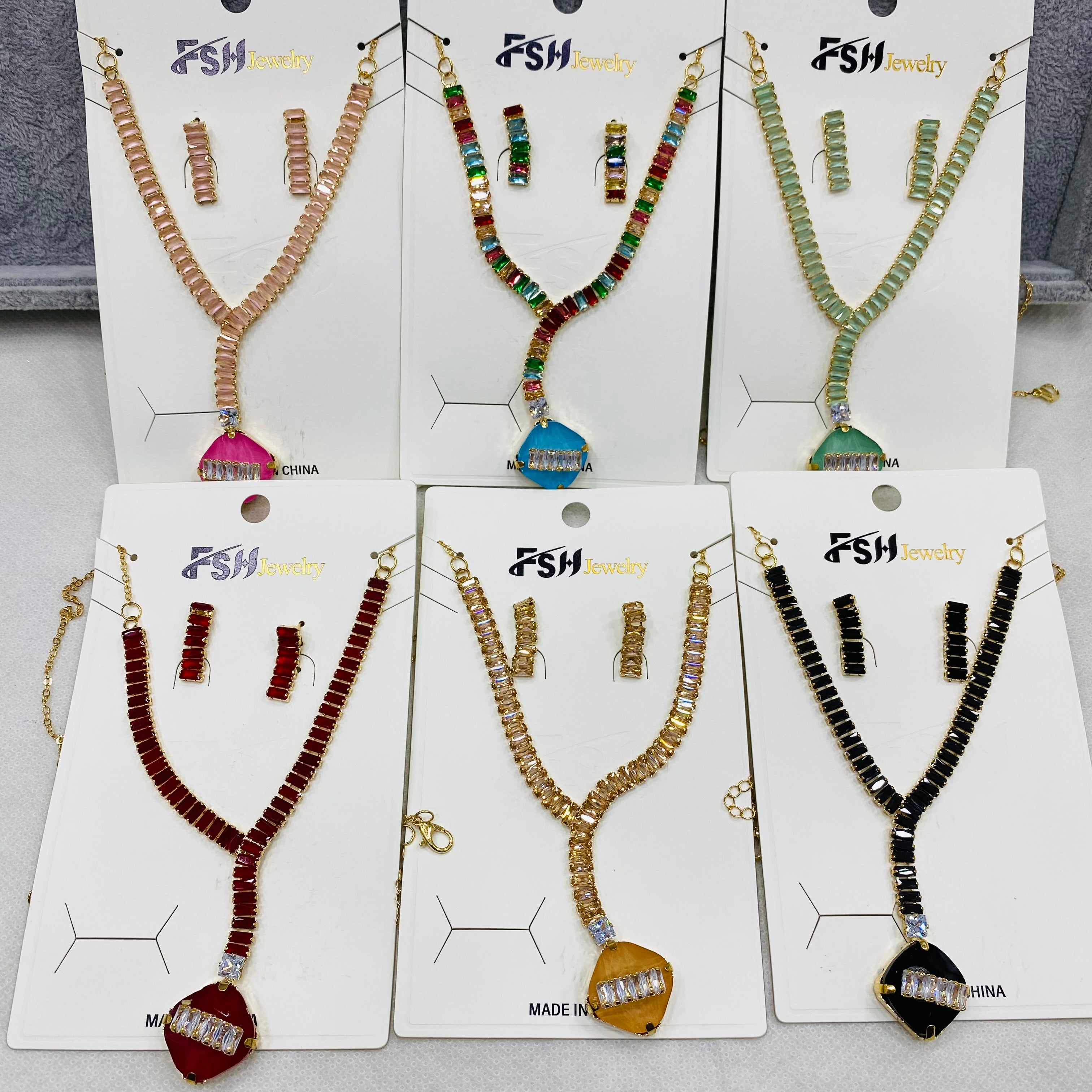 ✨ Zircon Necklace Set with Tops – Pack of 12 | Mix Designs ✨